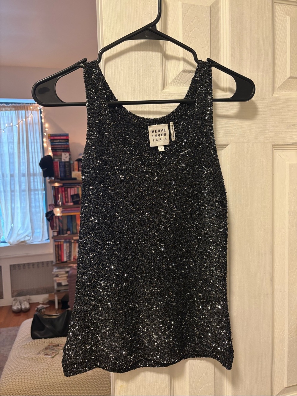 Hervé Léger Fiona Sparkle Tank Top - Black Plush Knit Sequin
